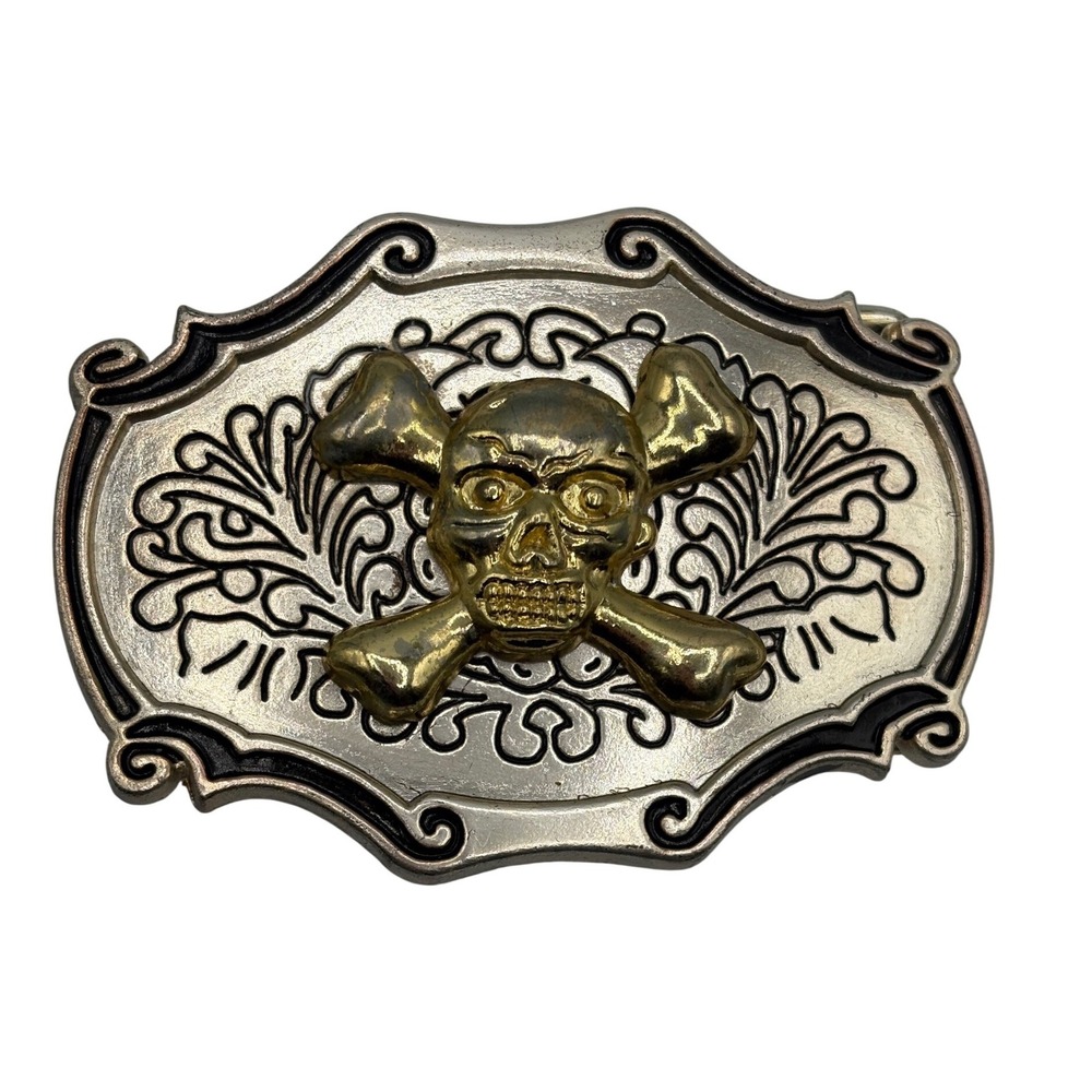 Skull and Crossbones Belt Buckle Silver Gold Tone Western Biker‎ Gothic Pirate